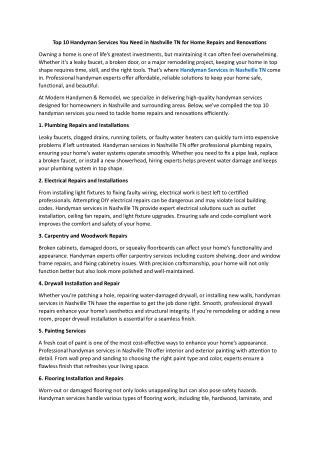 Top 10 Handyman Services You Need in Nashville TN for Home Repairs and Renovations