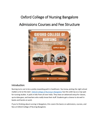Oxford College of Nursing Bangalore Admissions Courses and Fee Structure