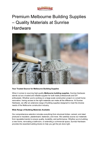 Premium Melbourne Building Supplies – Quality Materials at Sunrise Hardware