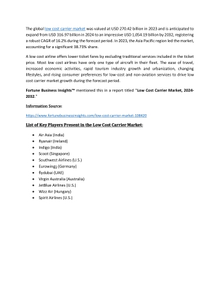 Low Cost Carrier Market Recent Trends, Growth Drivers, and Opportunities
