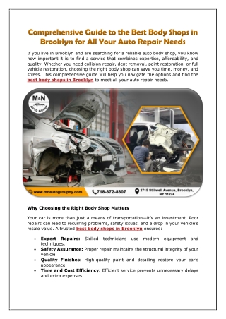 Comprehensive Guide to the Best Body Shops in Brooklyn for All Your Auto Repair Needs