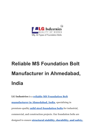 Reliable MS Foundation Bolt Manufacturer in Ahmedabad, India