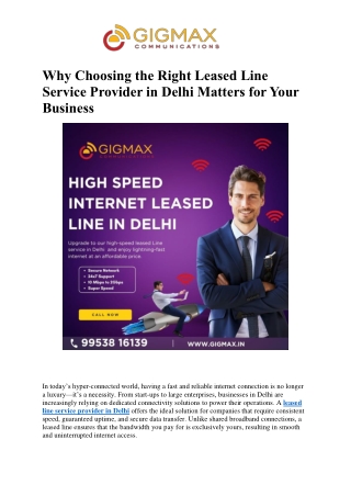 Why Choosing the Right Leased Line Service Provider in Delhi Matters for Your Business