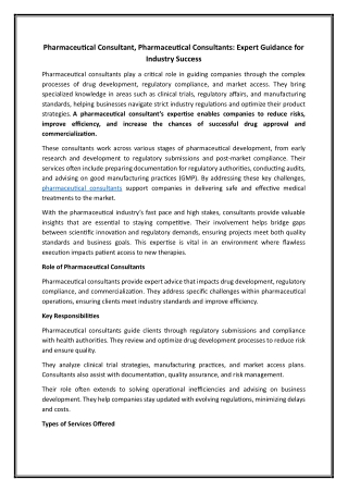 Pharmaceutical Consultant, Pharmaceutical Consultants Expert Guidance for Industry Success