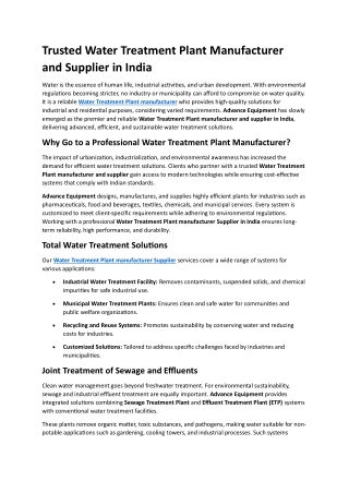 Trusted Water Treatment Plant Manufacturer and Supplier in India