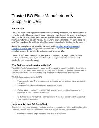 Trusted RO Plant Manufacturer & Supplier in UAE