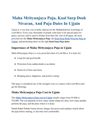 Maha Mrityunjaya Puja, Kaal Sarp Dosh Nivaran, And Puja Dates In Ujjain