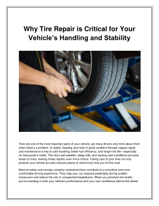 Why Tire Repair is Critical for Your Vehicle’s Handling and Stability
