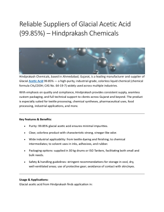 Reliable Suppliers of Glacial Acetic Acid