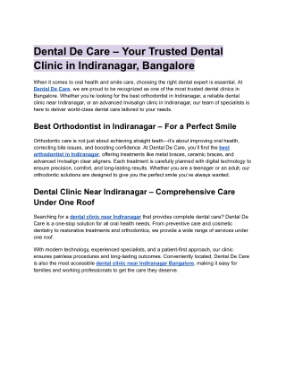 Dental De Care – Your Trusted Dental Clinic in Indiranagar, Bangalore
