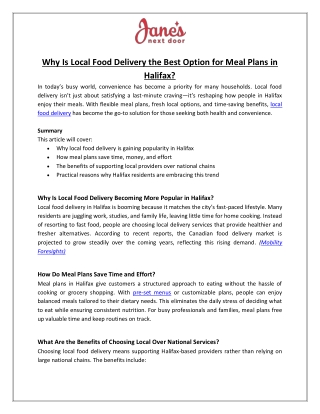 Why Is Local Food Delivery the Best Option for Meal Plans in Halifax - Jane's Next Door