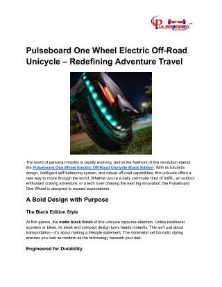 Pulseboard One Wheel Electric Off-Road Unicycle Black Edition – Buy in India
