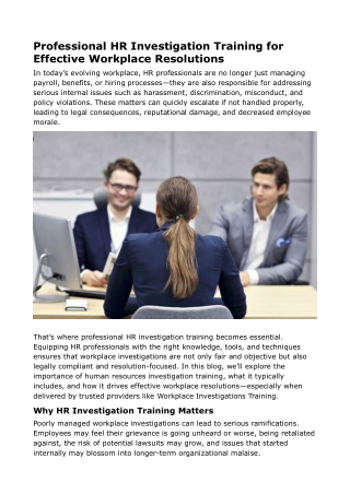 Professional HR Investigation Training for Effective Workplace Resolutions
