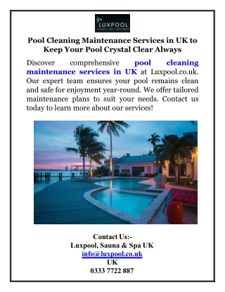 Pool Cleaning Maintenance Services in UK to Keep Your Pool Crystal Clear Always