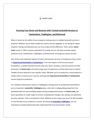 Securing Your Home and Business with Trusted Locksmith Services in Twickenham, T