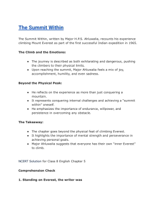 NCERT Solutions for Class 8 English Chapter 5: The Summit Within &amp; The Schoo