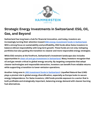 Clean Oil and Gas Investment Switzerland