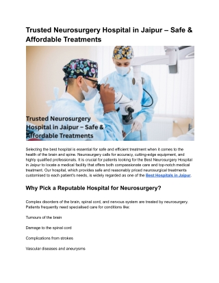 Trusted Neurosurgery Hospital in Jaipur – Safe & Affordable Treatments