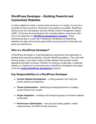 WordPress Developer – Building Powerful and Customized Websites