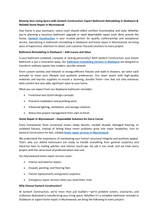 Revamp Your Living Space with Santech Construction Expert Bathroom Remodeling in Gladwyne & Reliable Home Repair in Wynn