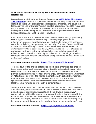 AIPL Lake City Sector 103 Gurgaon – Exclusive Ultra-Luxury Residences