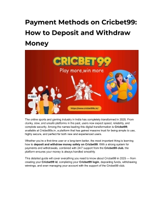 Payment Methods on Cricbet99: How to Deposit and Withdraw Money