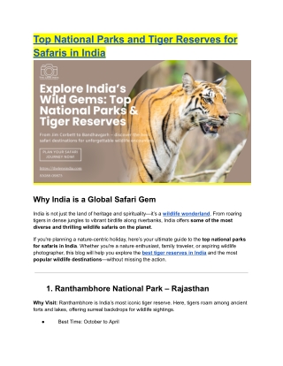 Top National Parks and Tiger Reserves for Safaris in India