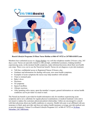 Reach Lifestyle Programs Telemedicine offers a 24 Hour Nurse Hotline
