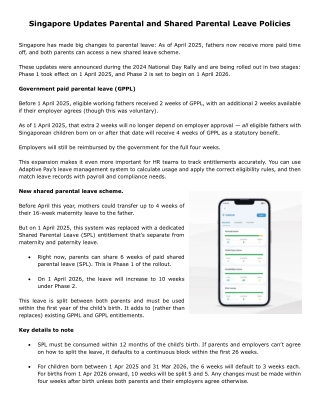 Singapore Updates Parental and Shared Parental Leave Policies