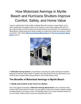 How Motorized Awnings in Myrtle Beach and Hurricane Shutters Improve Comfort, Safety, and Home Value