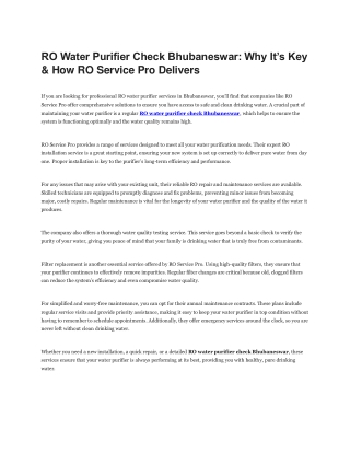RO Water Purifier Check Bhubaneswar Why It’s Key & How RO Service Pro Delivers