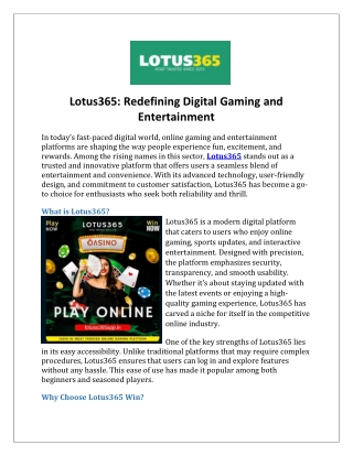 Lotus365 Redefining Digital Gaming and Entertainment