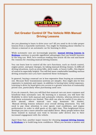 Get Greater Control Of The Vehicle With Manual Driving Lessons