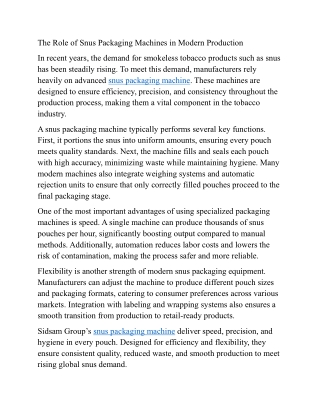 The Role of Snus Packaging Machines in Modern Production