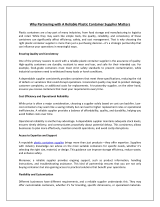 Why Partnering with A Reliable Plastic Container Supplier Matters
