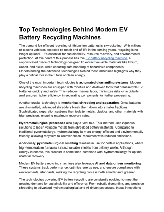Top Technologies Behind Modern EV Battery Recycling Machines
