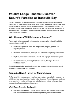 Wildlife Lodge Panama: Discover Nature’s Paradise at Tranquilo Bay