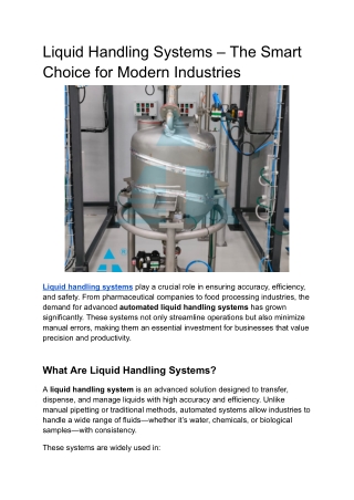 Liquid Handling Systems – The Smart Choice for Modern Industries
