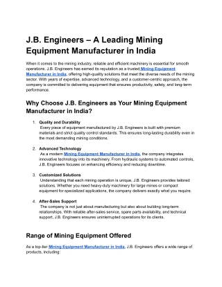 J.B. Engineers – A Leading Mining Equipment Manufacturer in India