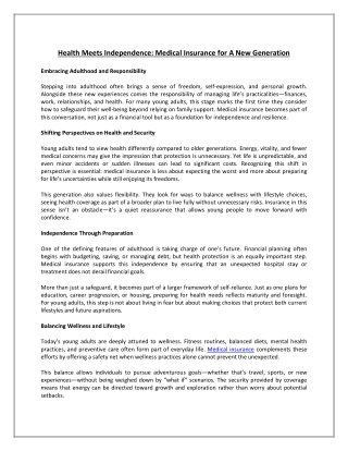 Health Meets Independence: Medical Insurance for a New Generation