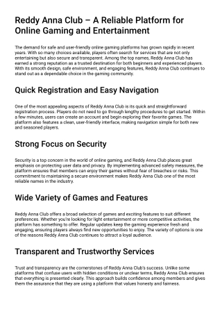 Reddy Anna Club – A Reliable Platform for Online Gaming and Entertainment