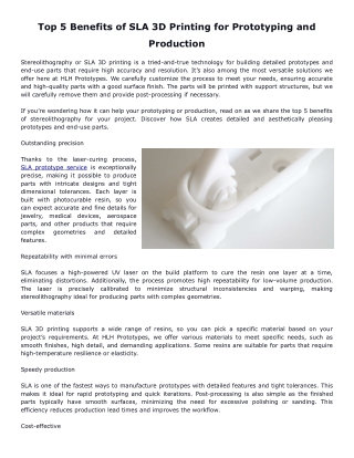 Top 5 Benefits of SLA 3D Printing for Prototyping and Production