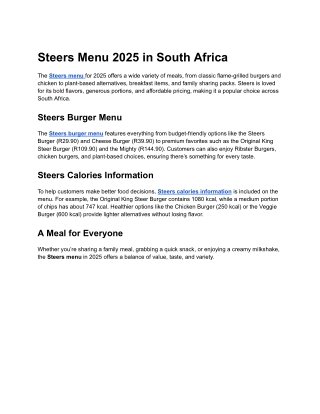 Steers Menu 2025 South Africa