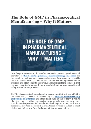 The Role of GMP in Pharmaceutical Manufacturing – Why It Matters