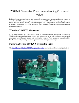 750 KVA Generator Price Understanding Costs and Value