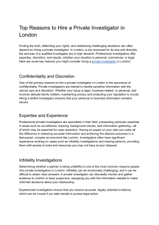 Top Reasons to Hire a Private Investigator in London