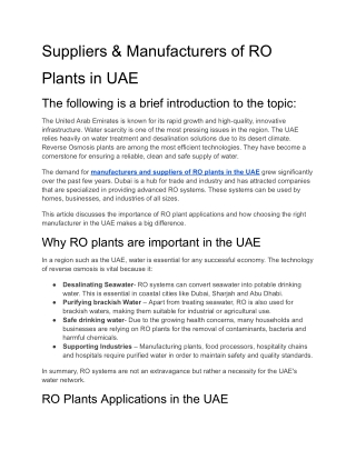 Suppliers & Manufacturers of RO Plants in UAE