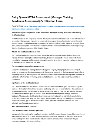 Dairy Queen MTRA Assessment (Manager Training Readiness Assessment) Certification Exam
