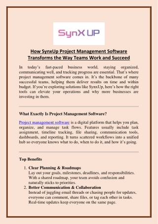 How SynxUp Project Management Software Transforms the Way Teams Work and Succeed