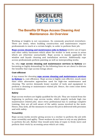 The Benefits Of Rope Access Cleaning And Maintenance- An Overview